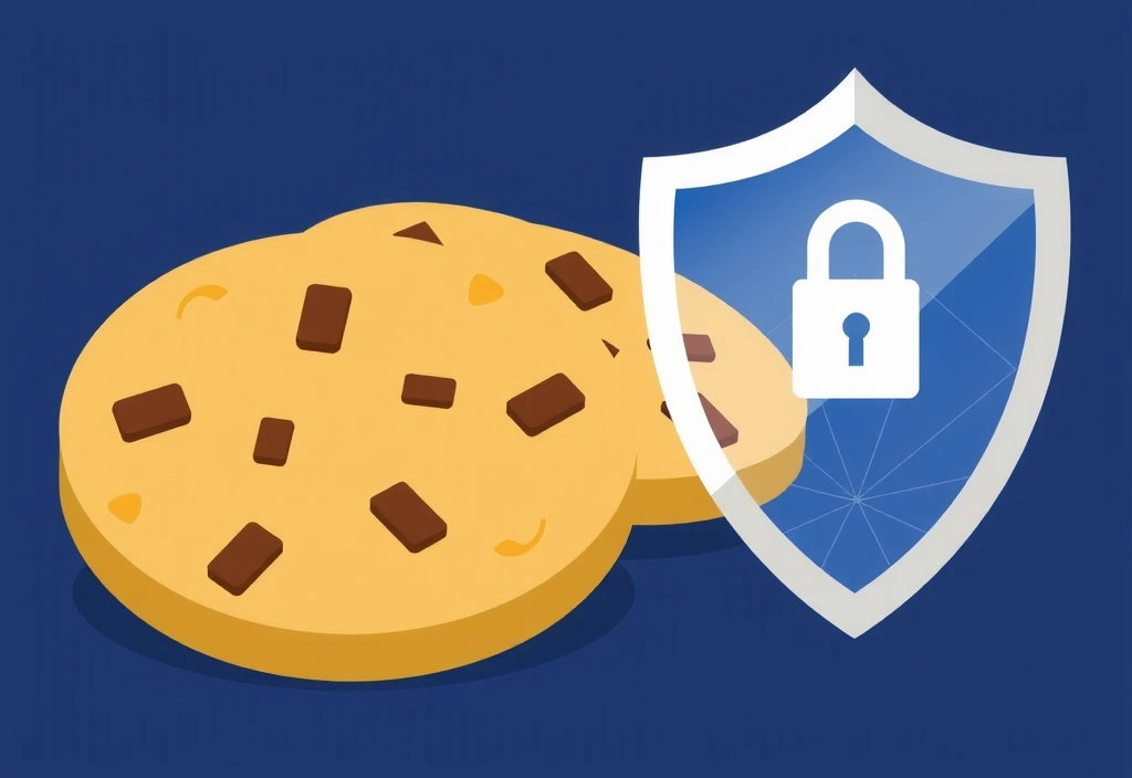 Illustration of digital cookies and privacy shield, representing data protection and online security