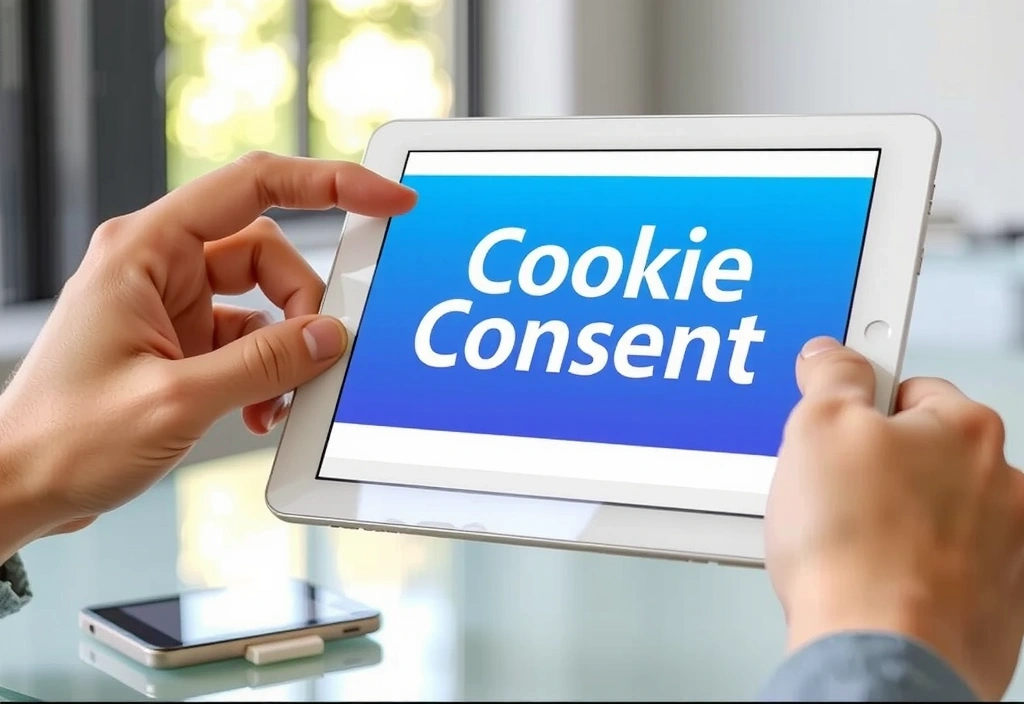 Person interacting with a cookie consent banner on a tablet, symbolizing user control over privacy settings
