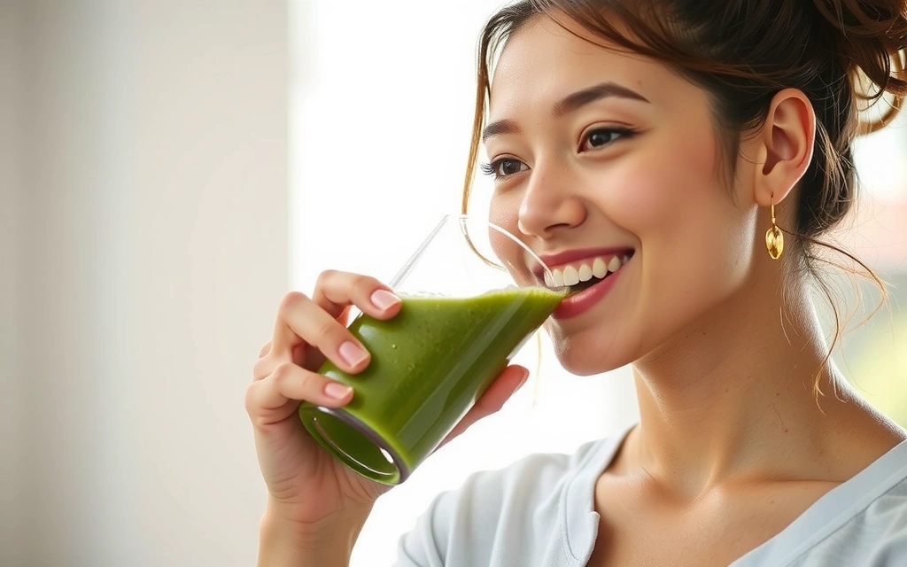 Ein lächelndes Gesicht, das einen gesunden Smoothie trinkt, symbolisiert den erfolgreichen Abschluss des Beratungsprozesses.