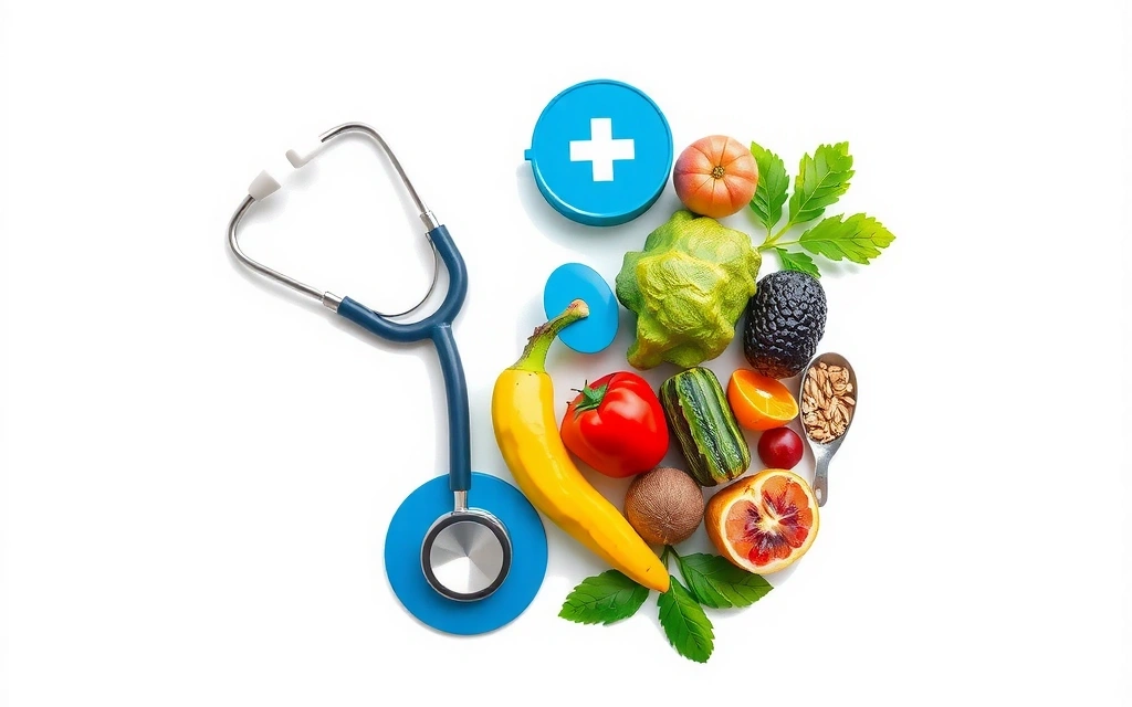 Medizinische Symbole und gesunde Lebensmittel, die Ernährung bei Krankheiten darstellen.