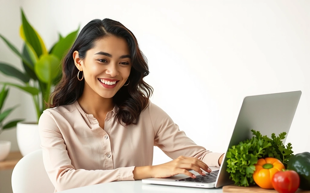 Eine lächelnde Frau bei einer Online-Beratung am Laptop, symbolisiert Erfolg und Wohlbefinden.