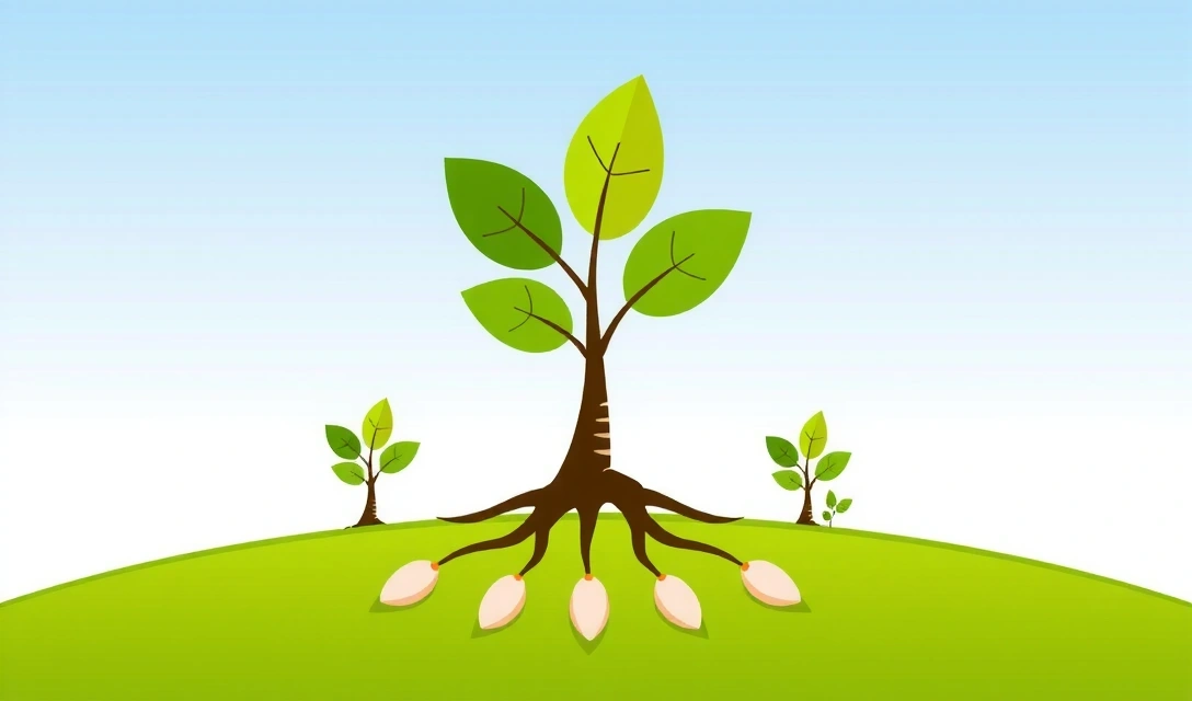 Illustration von Samen, die zu einem Baum wachsen, symbolisierend nachhaltiges Wachstum und Gesundheit.